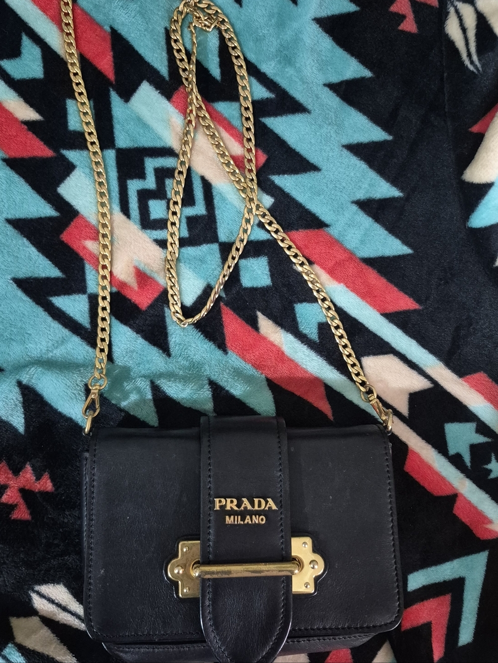 Prada Black Leather Crossbody with Gold Chain